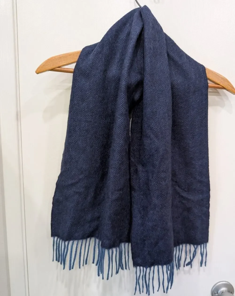 Vintage 100% Cashmere Neil Martin West Germany Blue Herringbone Fringe Scarf